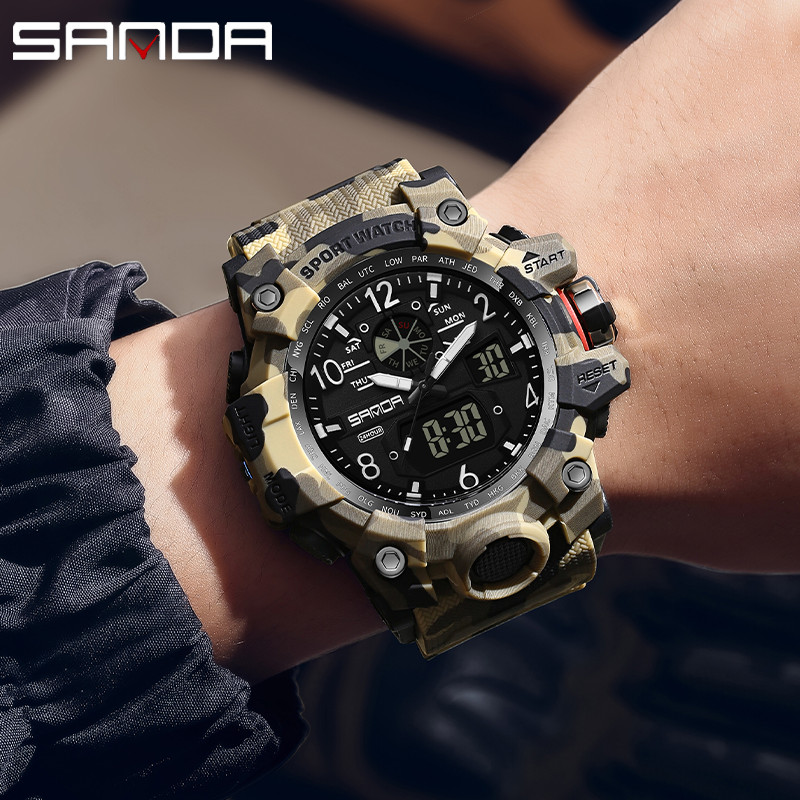 SANDA Jam Tangan Digital LED Kamuflase Jam Tangan Pria Elektronik Luar Ruangan Jam Tangan Kuarsa Pri
