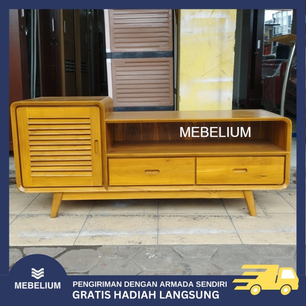 [ORI] Meja TV Kayu Jati Asli Minimalis Modern | Diswar Bufet Siku Oval TV Kayu Serbaguna