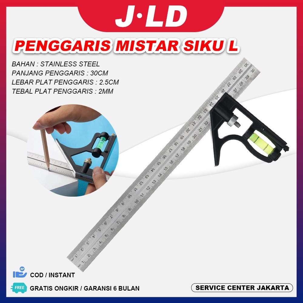 

JLD Penggaris Mistar Siku Stainless Steel 30cm + Waterpass Meter Tukang