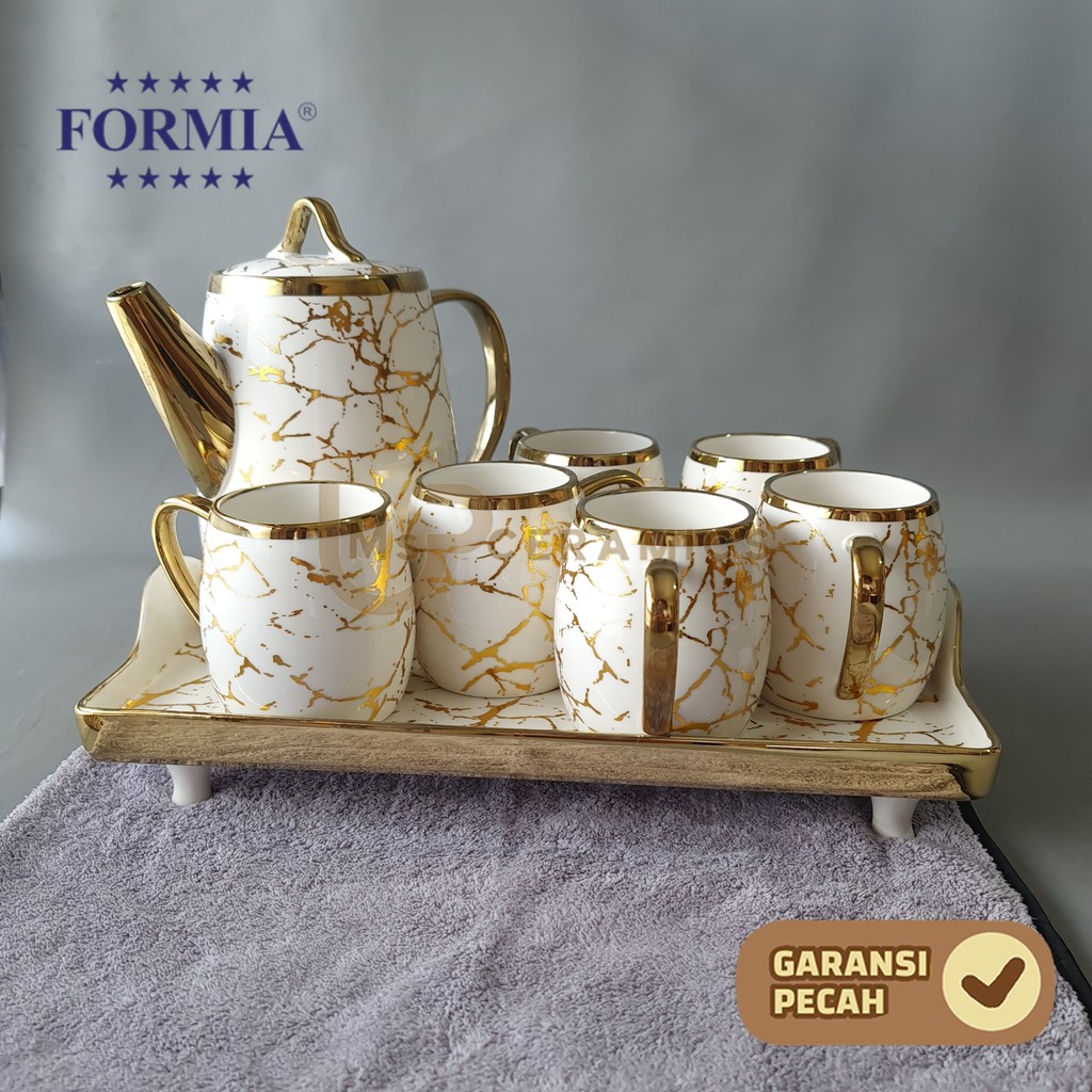 FORMIA Teapot Set Gold White Marble Tea Pot Set  8 Pcs Set + Tatakan Cantik Aesthetic Bermotif