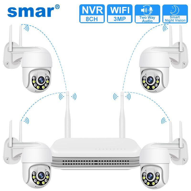 Smar 3MP Wireless CCTV Security Camera System PTZ Wifi Camera Outdoor Surveillance Camera Kit  Alarm