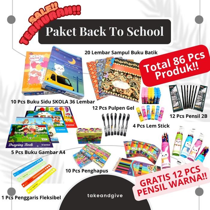 

PAKET BACK TO SCHOOL 86PCS!! GRATIS 12 PCS PENSIL WARNA!! 10PCS BUKU SIDU + 20PCS SAMPUL BATIK + 5PCS BUKU GAMBAR A4 + 12PCS PULPEN GEL + 12 PCS PENSIL 2B + 10 PCS PENGHAPUS + 4PCS LEM STICK + 1PCS PENGGARIS | PAKET ANAK SEKOLAH