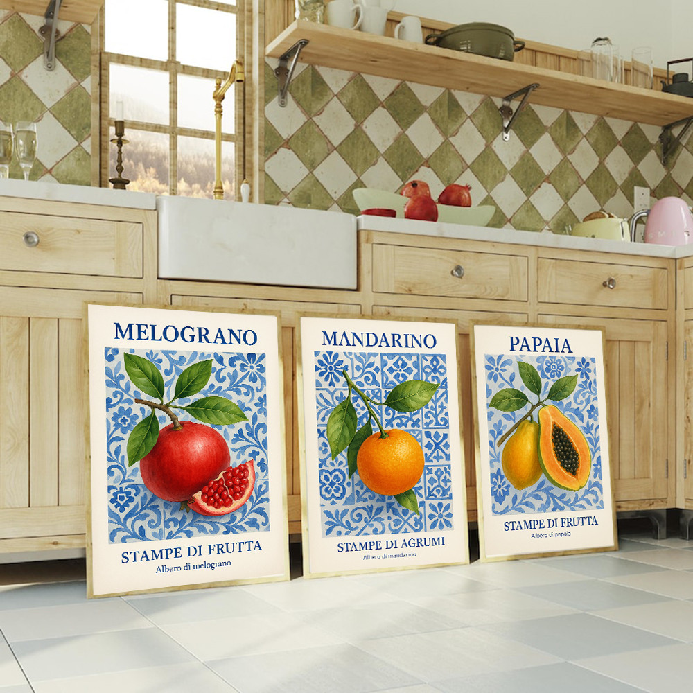 

Italian Mediterranean Citrus Poster Papaya Pomegranate Lemon Prints Wall Art Canvas Painting Pictures for Kitchen Living Room