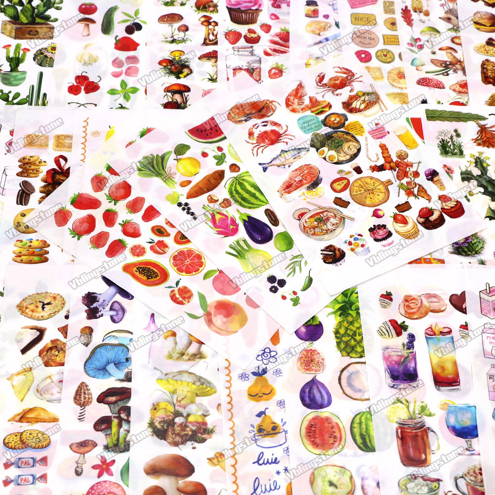 

4Sheets Cute Washi Paper Stickers Scrapbooking Fruit Strawberry Cactus Mushroom Stationery Stickers for Diary Notebook 10.5x15CM