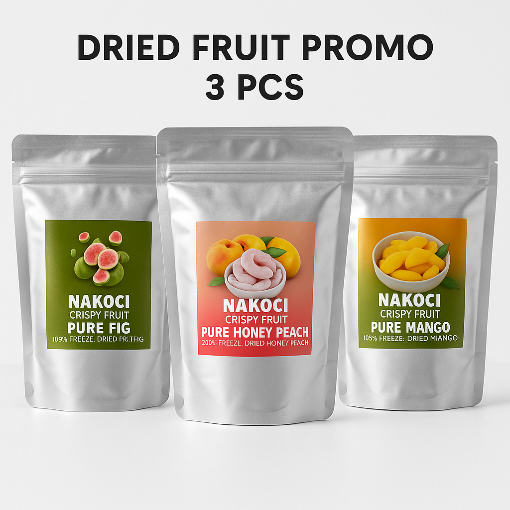

PAKET HEMAT 3 PCS / 50GR Freeze Dried Fruit Nakoci Snack Buah Kering Crispy Fruity Buah Tin Strawberry Mangga Honey Yellow Peach