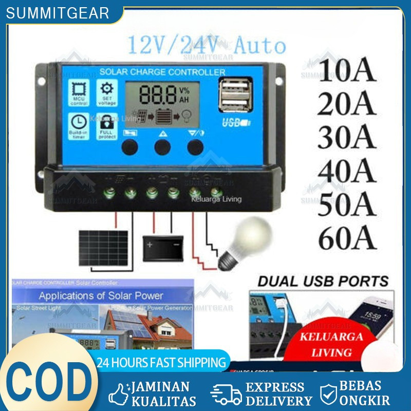 Solar Charge Controller LCD LED Display Solar Cell PWM 12V 24V 10A 20A 30A 50A 60A USB Panel Tenaga 