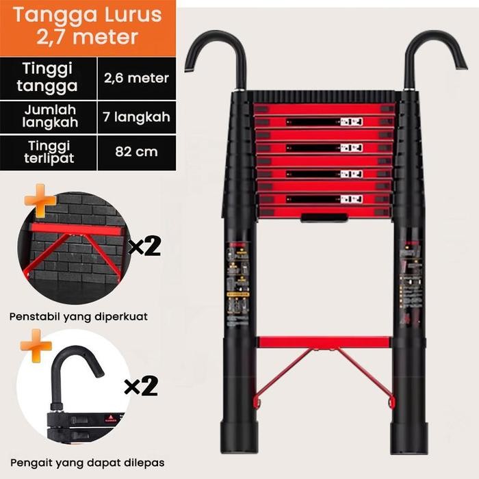 Tangga Lipat Teleskopik / Tangga Tangan 2.6 Meter / 3.8 Meter / 4.4 Meter Telescopic Ladder Merah Hi