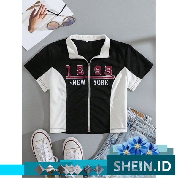 Crop Tee Letter Graphic Two Tone Zip Up