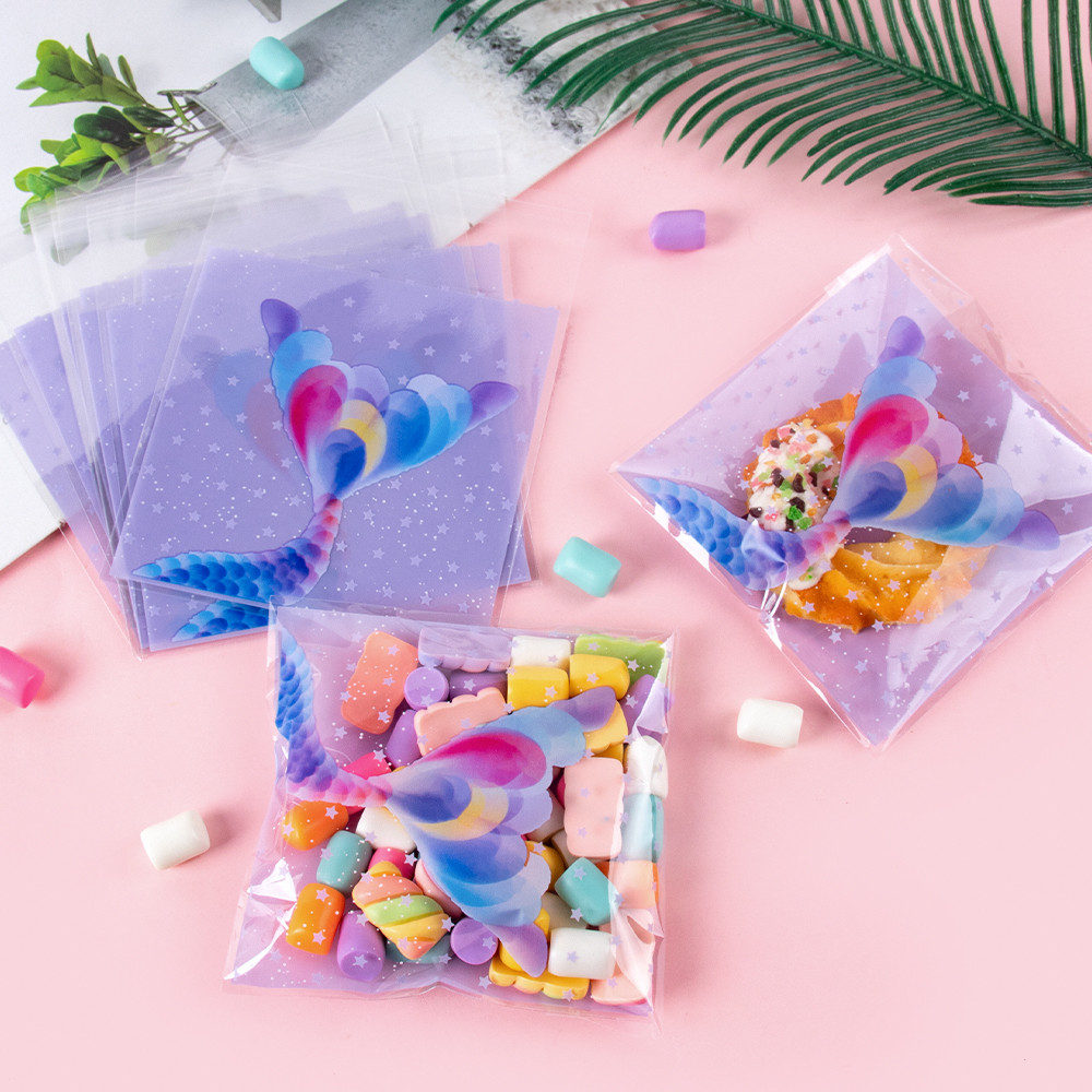 

100pcs Cute Mermaid Theme Plastic Candy Biscuit Bags OPP Self-Adhesive Treat Bags Little Mermaid Birthday Party Decor for Girl