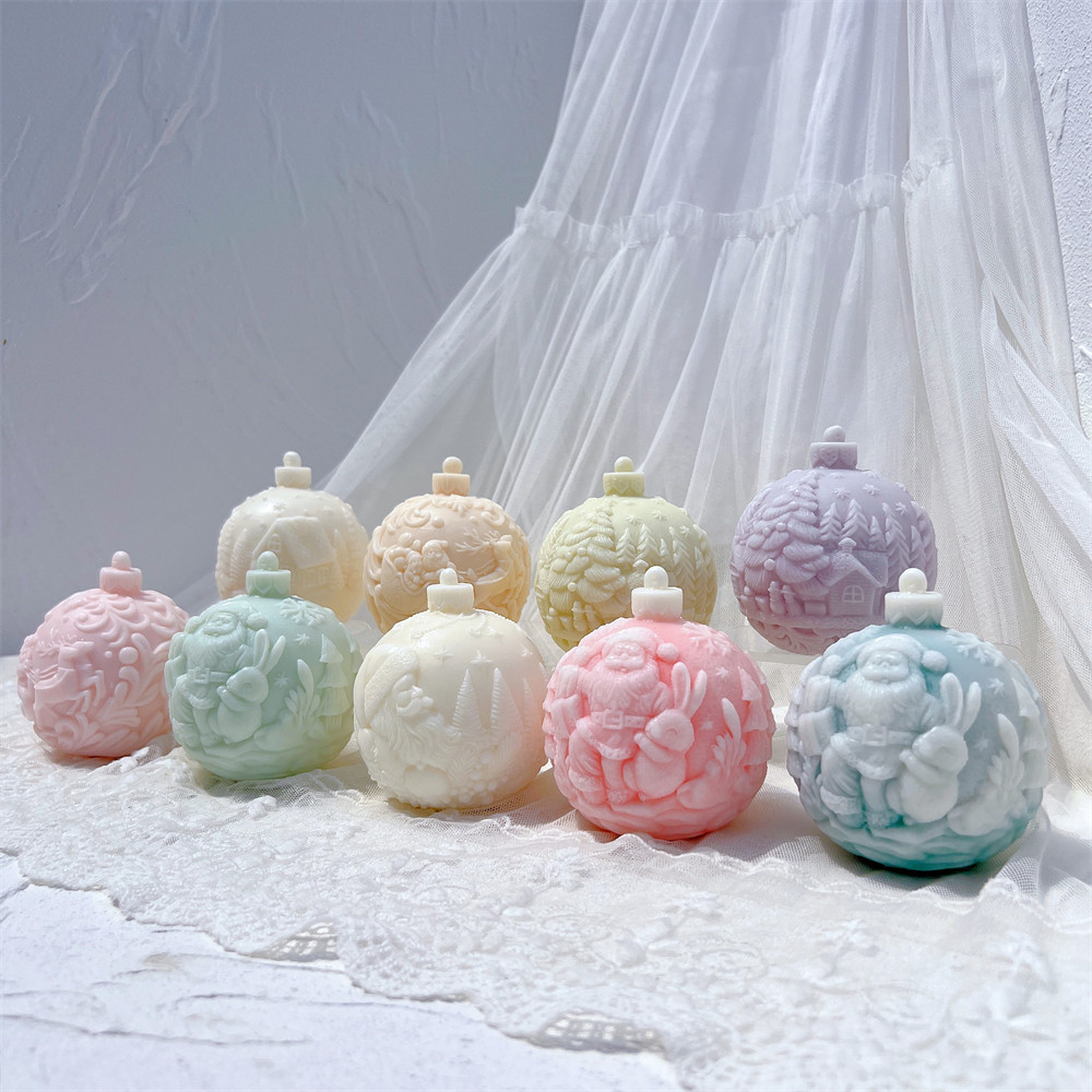 

5 Designs Christmas Ball Shape Silicone Candle Mold Xmas Ball Ornaments Design Silicone Mold Deer Santa Claus Soy Wax Mould