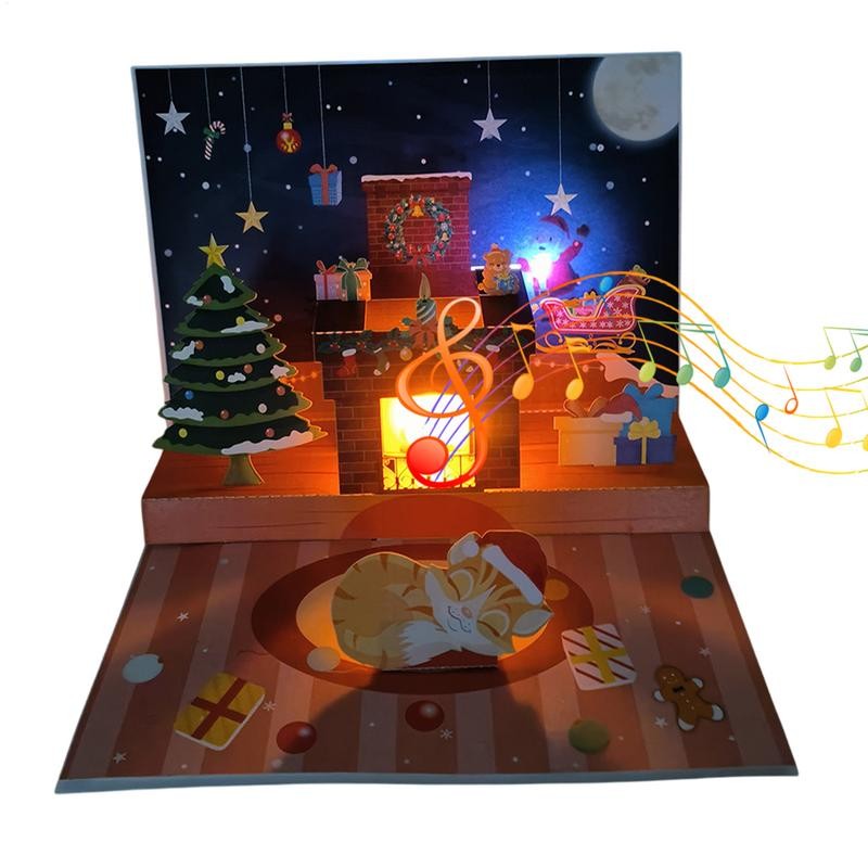 

3D Card Fun Musical Postcard With Light Handmade Santa Projection 3D Fireplace Blessing Cards Parties Supplies