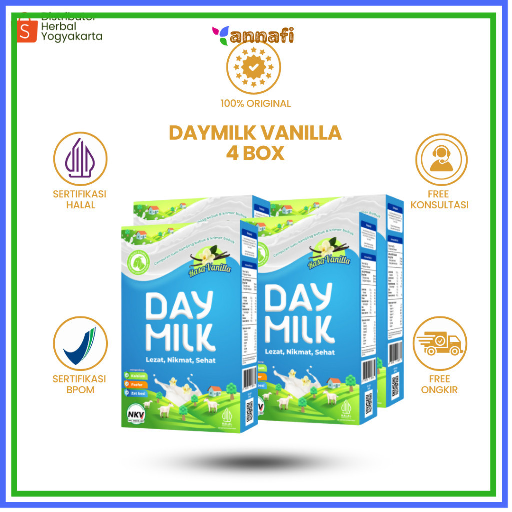 

Daymilk Rasa Vanilla - Susu Kambing Etawa Untuk Tulang , Sendi , Pernafasan & Jantung - 4 BOX Halal dan BPOM