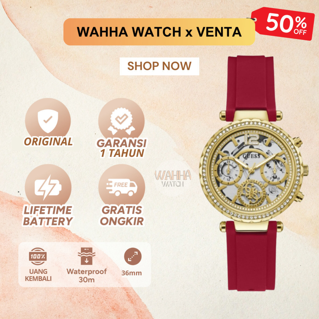 Jam Tangan Analog Guess Wanita Guess Solstice GW0484L1 Ladies Semi Skeleton Dial Red Silicone Strap 