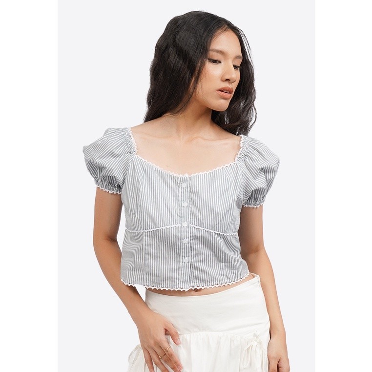 CF24WS COLORBOX Button Up Printed Puff Sleeve Top Lt. Blue