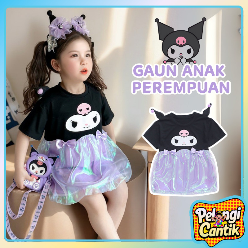 Uisa 1 - 10 Tahun Dress Kaos Lengan Pendek Anak Perempuan Kuromi Bow Dress Princess Pesta Anak Perem