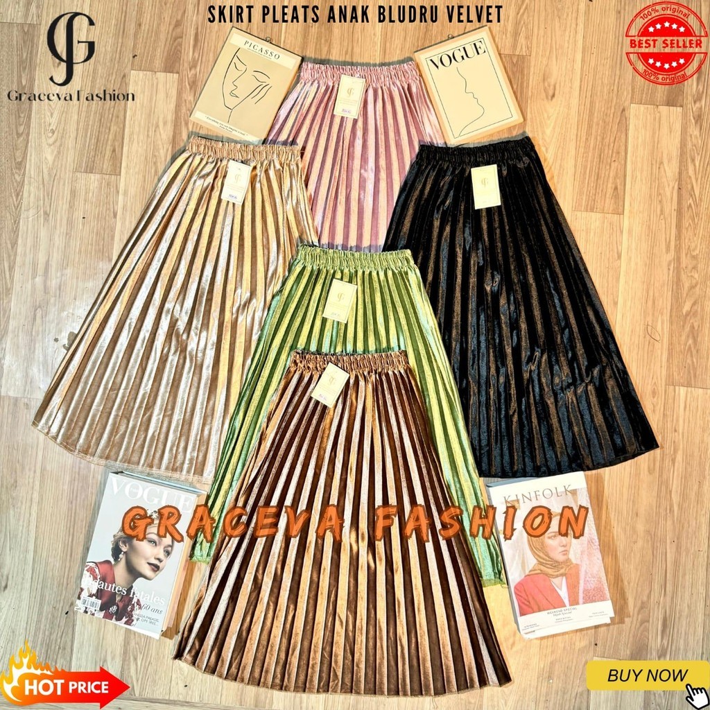 PROMO Rok Plisket Anak Bludru Import - Skirt Pleats Bludru Velvet Anak Perempuan 3-9 Tahun