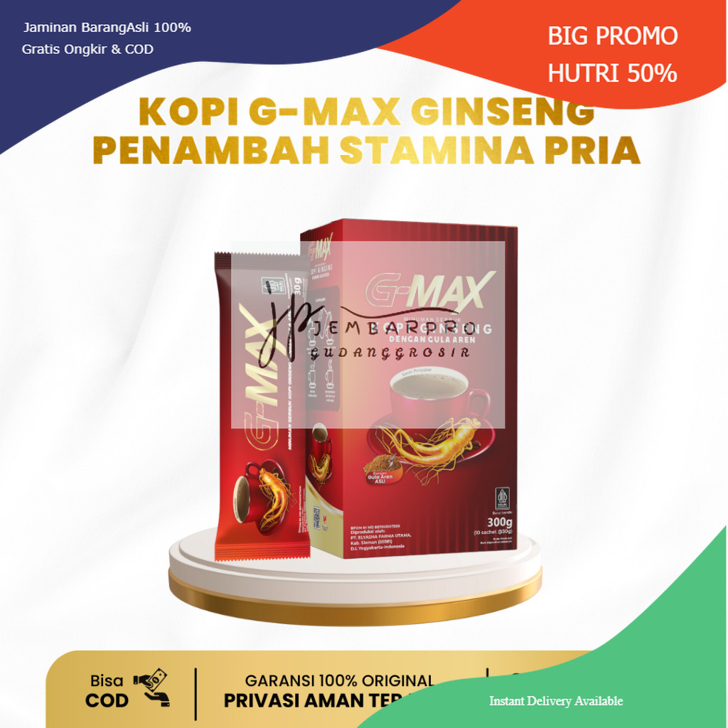 

Kopi G-Max Penambah Stamina Pria Extra Ginseng dan Gula Aren Original - 1 Box Isi 10 Sachet