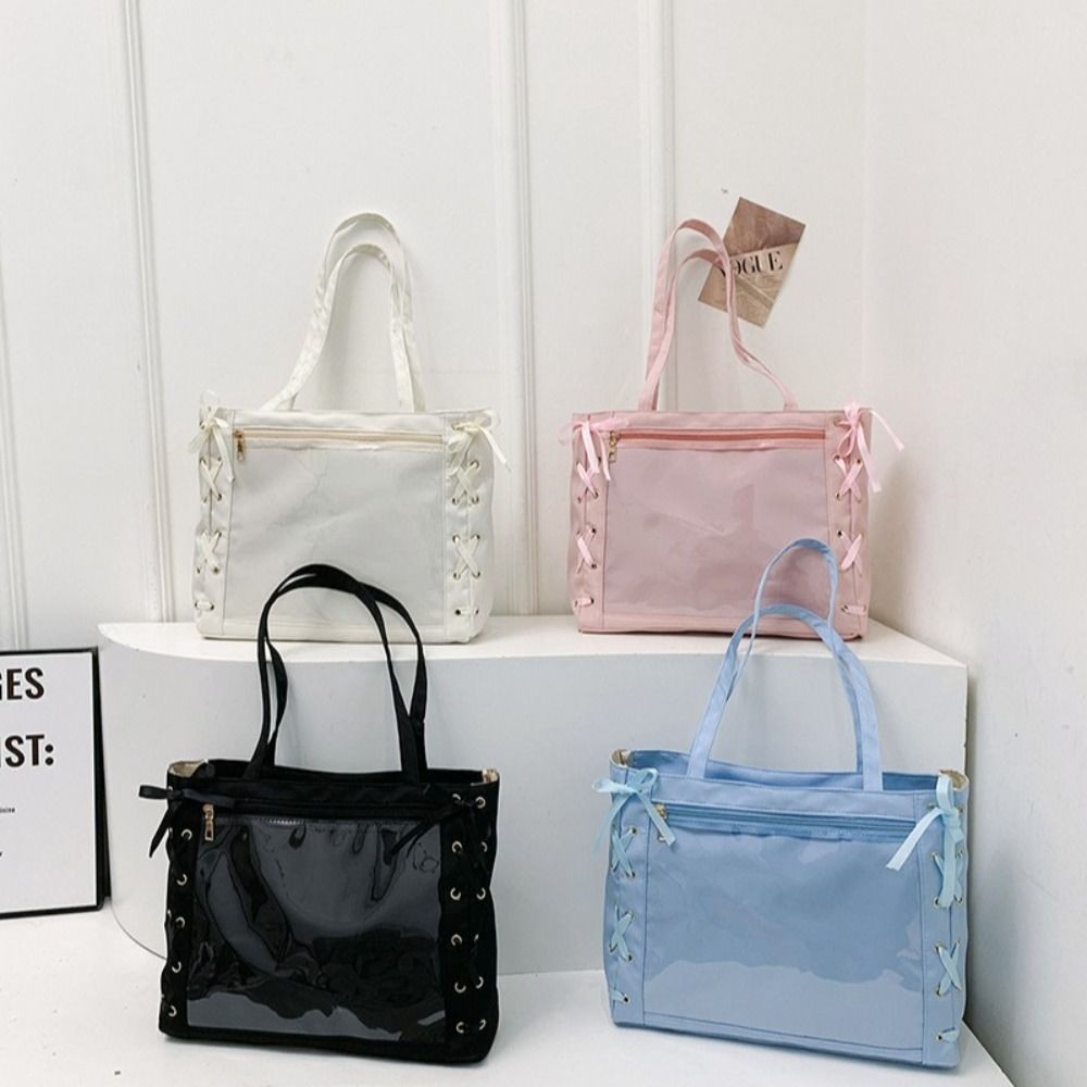 Single Badge Itabag Japanese Simple Itabag Cross Ribbon Lace-up Transparent Pocket PU Idol Aesthetic