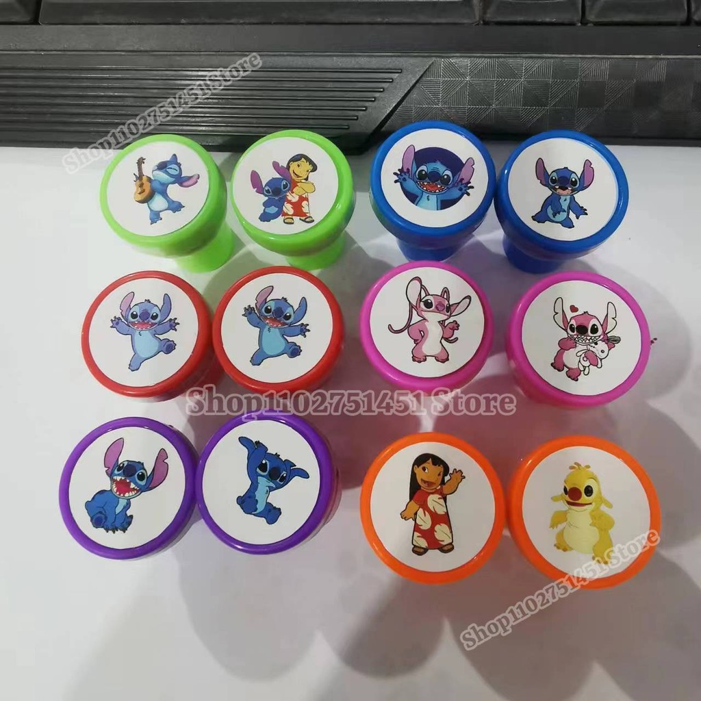 

12pcs Disney Stich Stamps Toys Lilo & Stitch Cartoon Figure Mini Party Favors Seal DIY Painting Photo Album Decor Self-ink Stamp