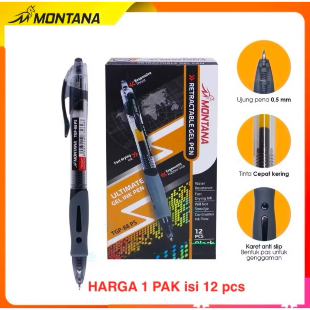 

Pulpen Gel Pen Cetek Montana TGP-088PS Retractable isi 1 Box 12 pcs Tinta Hitam