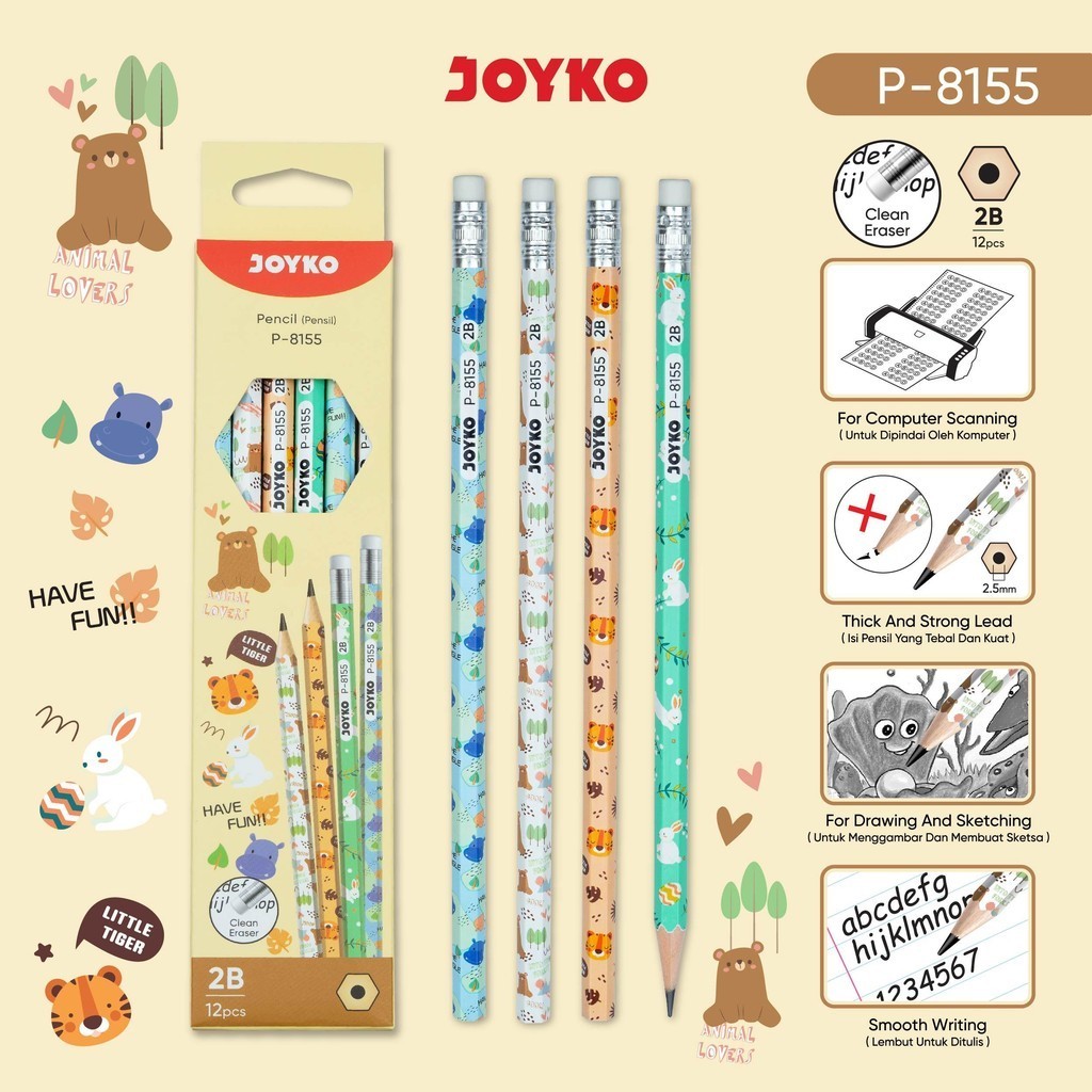 

(12pc) Pencil Pensil Joyko P-8155 2B Animal Lovers