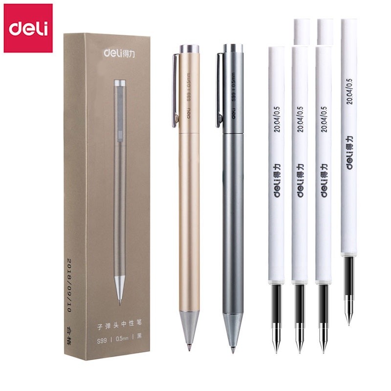 

7pcs Metal Gel Pen Set 0.5mm Deli Roller type Black Ink Ballpoint Pen Replaceable Refill School Stationery Office Supplies