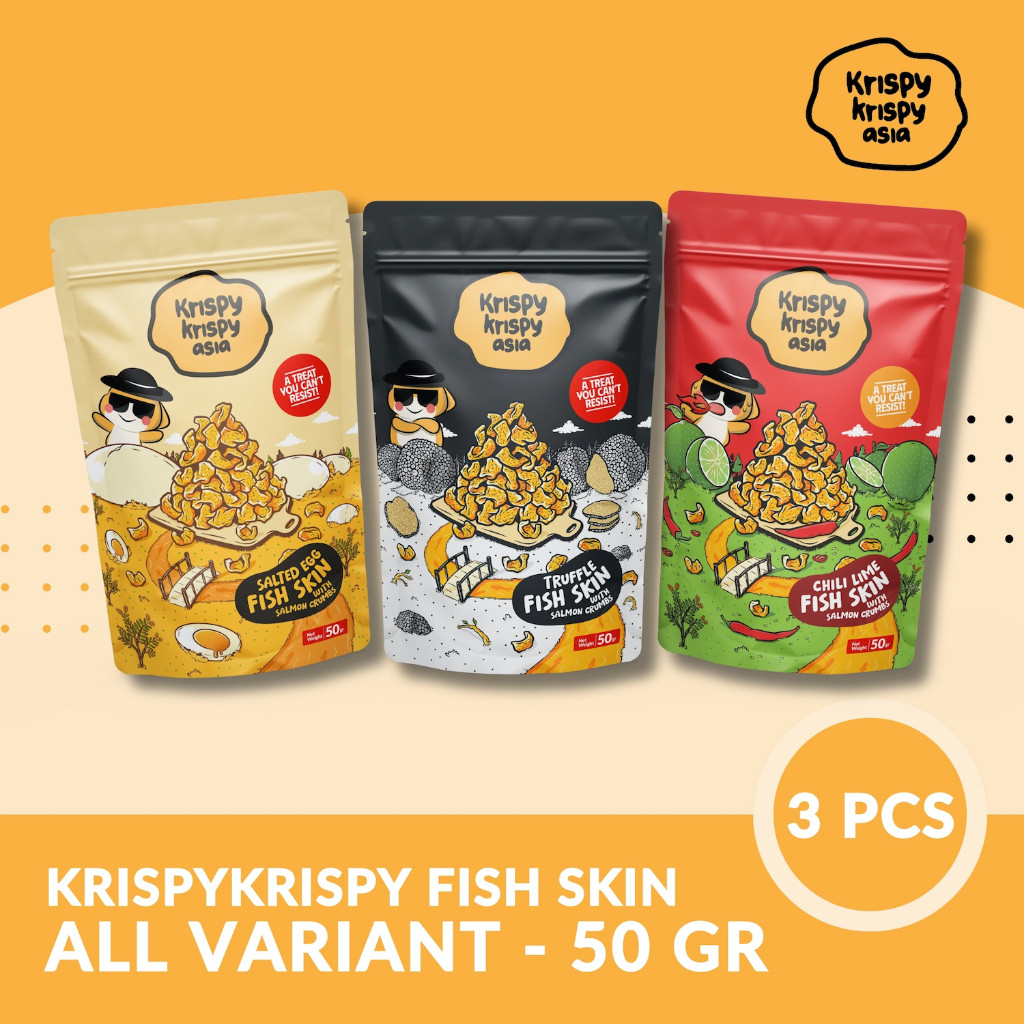

New Kerupuk Kulit Ikan Paket All Variant 3 Pcs Salted Egg, Truffle, dan Chili Lime Fish Skin Krispy Krispy Asia - Premium HALALPremium