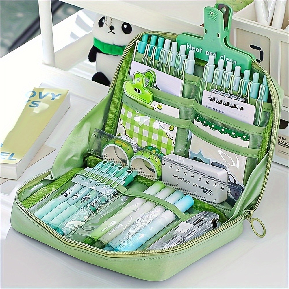 

1pc Large Capacity Pencil Case, Multi-Compartment Green Pen Organizer for School Office Supplies, Portable Stationery Pouch