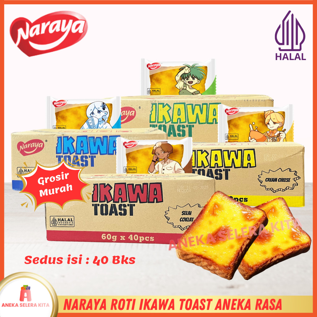 

Naraya Ikawa Toast Roti Panggang Viral Rasa Coklat, Cheese, Srikaya Pandan & Vanila Halal Dus Isi 40bks