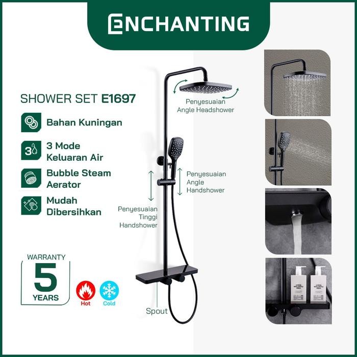 ENCHANTING Shower Set Brass Kuningan Keran Mandi 3 Mode Fungsi Black Design | Shower Tiang Kamar Man