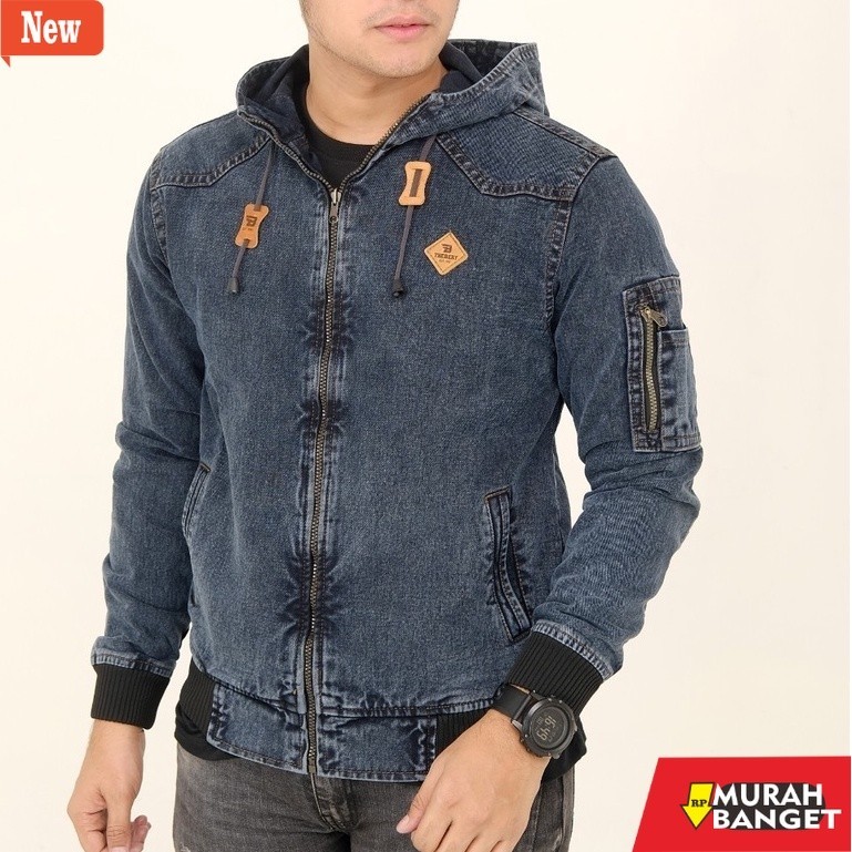 jaket kulit pria garut Jaket Jeans Hoodie Sandwoahs - Jaket Denim Pria Woshing - Jaket Jeans Topi Or