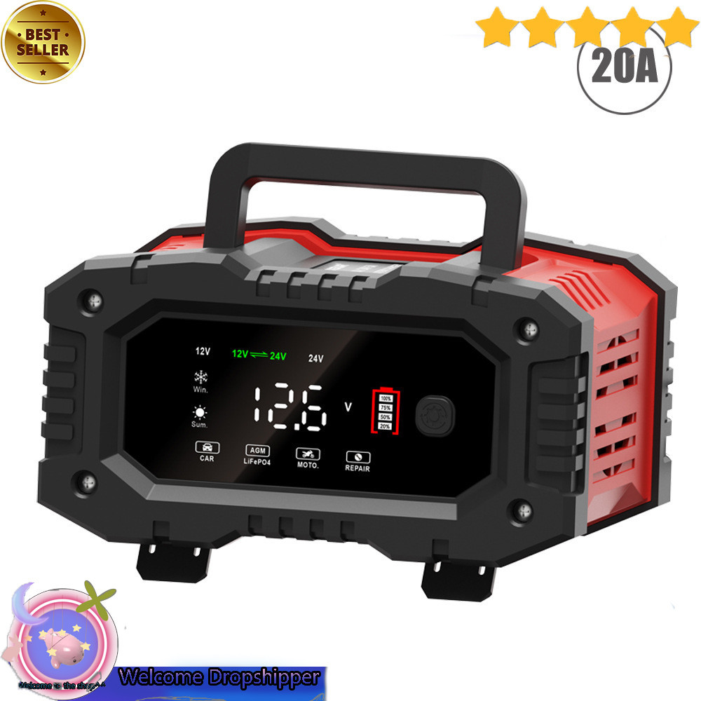 FOXSUR Charger Baterai Aki Mobil Motor Portable 20A 300W 12/24V