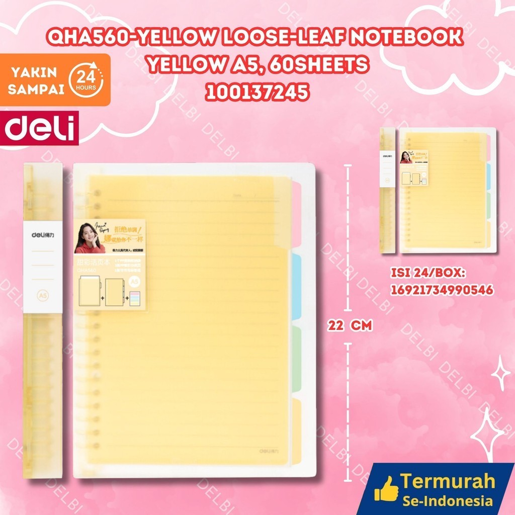 

Deli Buku Vivid Lose Leaf Binder QHA560 YELLOW LOOSE-LEAF NOTEBOOK YELLOW A5, 60 SHEETS