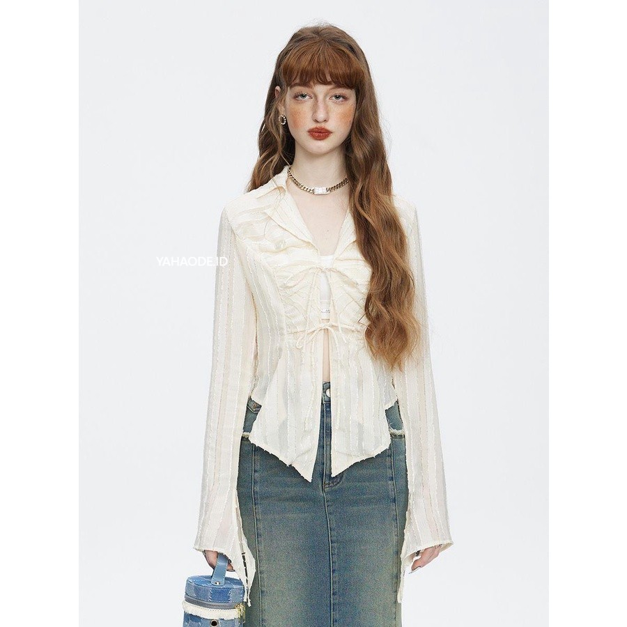 ready || YAHAO-Kemeja Untuk Wanita  Kemeja Putih Musim Semi Atasan Sifon Bertali