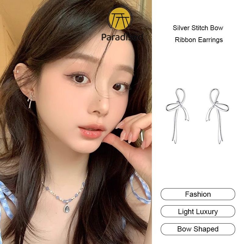 S925 Silver Stitch Bow Ribbon Earrings Women Sweet Gentle Earrings Niche High-end Earrings Paradised