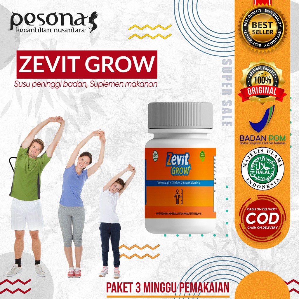 Peninggi Badan Zevit Grow Asli - Vitamin Tulang Kalsium Zinc Anak & Dewasa (Bisa COD)
