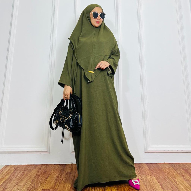 Setelan abaya cringkle airflow baju dan khimar jumbo ld 130 pb 135