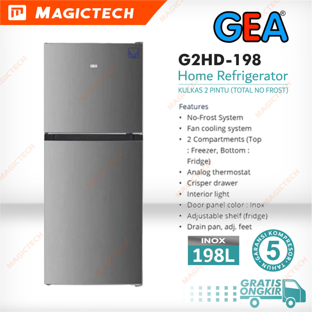 KULKAS GEA 2 PINTU G2HD-198 INOX 198L - G2HD198