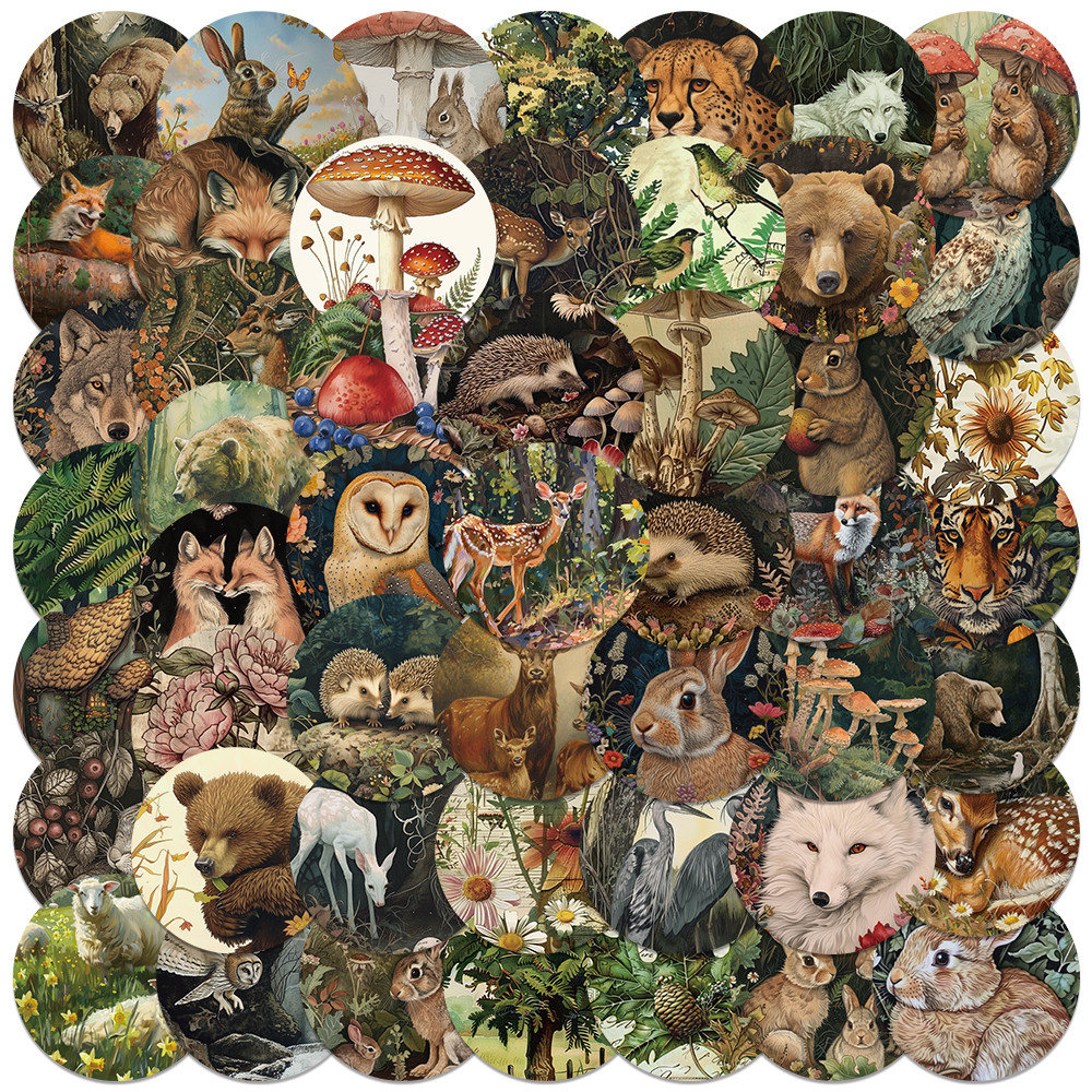 

50pcs Retro Cartoon Aesthetic Forest Plants Animals Stickers Waterproof Graffiti For Laptop Water Bottle Luggage Notebook Decals