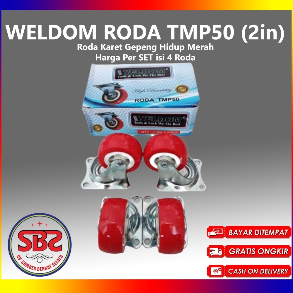 WELDOM Roda Karet Hidup Merah 2 inchi isi 4 pcs / Roda Karet Gepeng Hidup Merah Weldom (Roda Bundar 