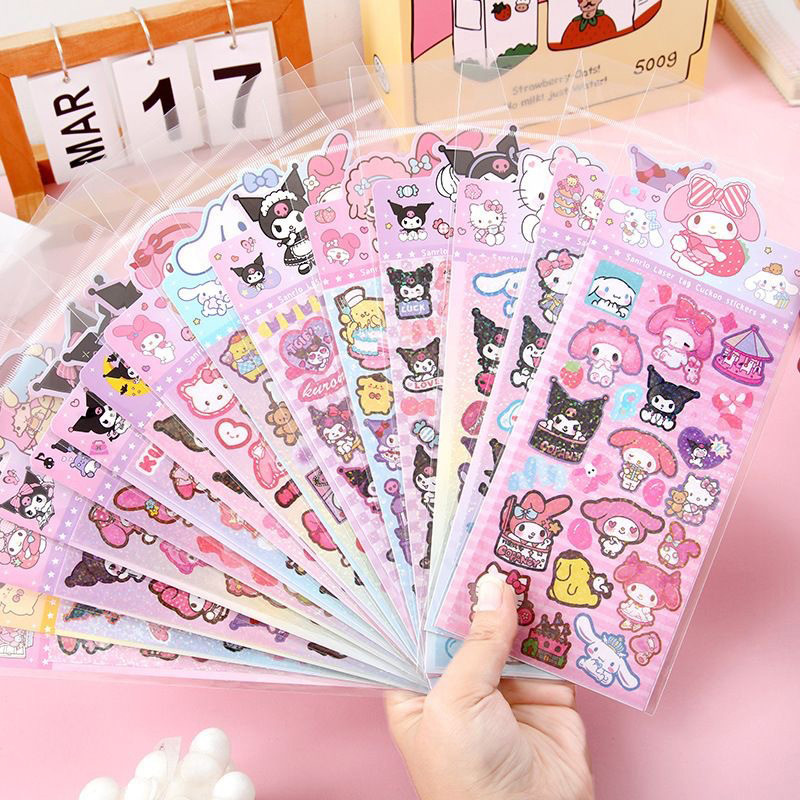 

1PC Sanrio Sticker Cartoon Hello Kitty Cinnamoroll Kuromi My Melody Laser Sticker Decals Stationery Wholesale Kids Toys