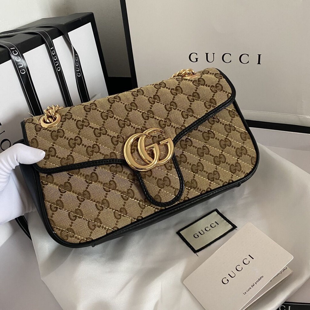 Original Gucci New MARMONT Kanvas dan Rantai Kulit 26cm Tas Tas Bahu Wanita Gucci