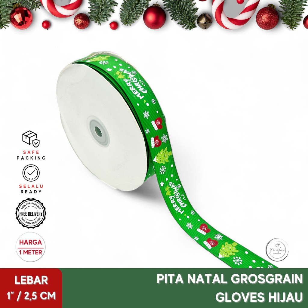 

Pita Hiasan Kado Natal Merry Christmas Gloves Grosgrain Hijau 2,5 cm Harga Per Meter