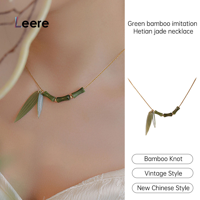 LEERE-Kalung Bambu Hijau Kalung Simpul Bambu Gaya Cina Baru Rantai Leher Gaya Retro