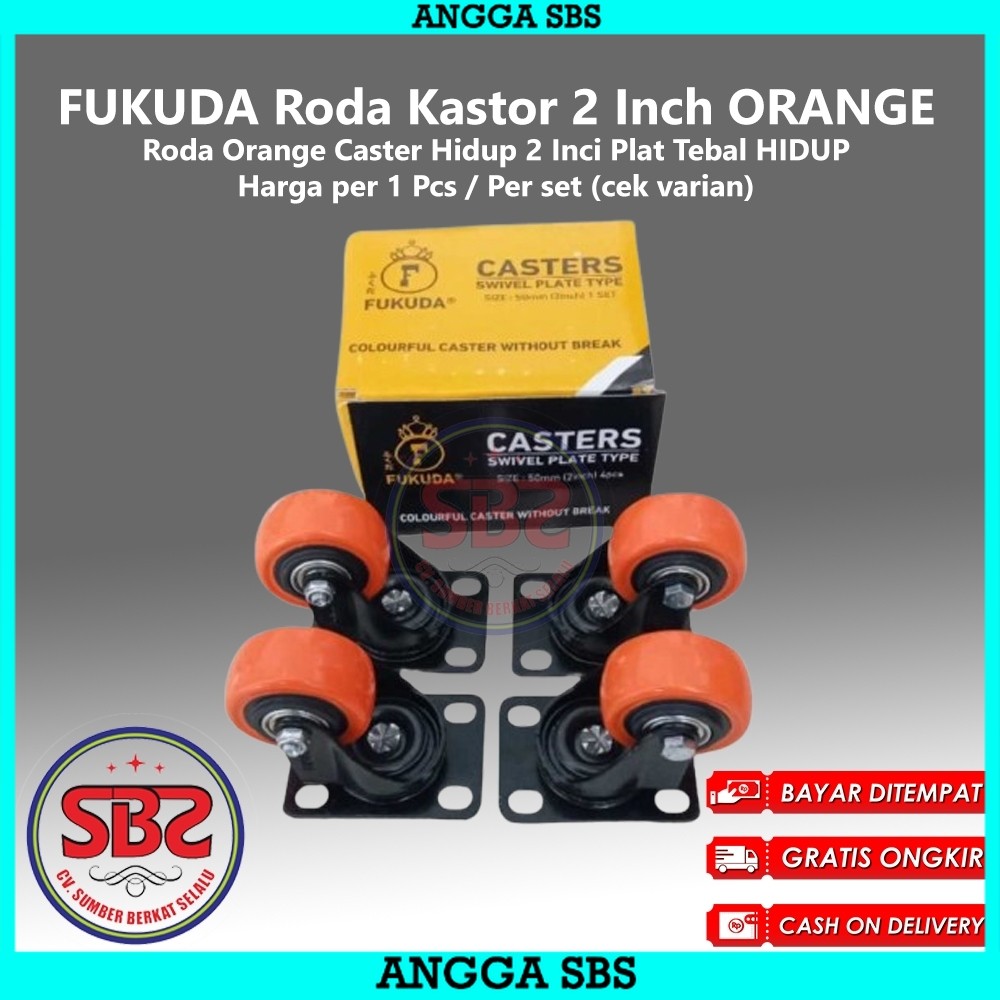 FUKUDA Roda Kastor 2 Inch ORANGE TEBAL Hidup TANPA REM / Castor Swifel Plate Etalase Troli PER SET -