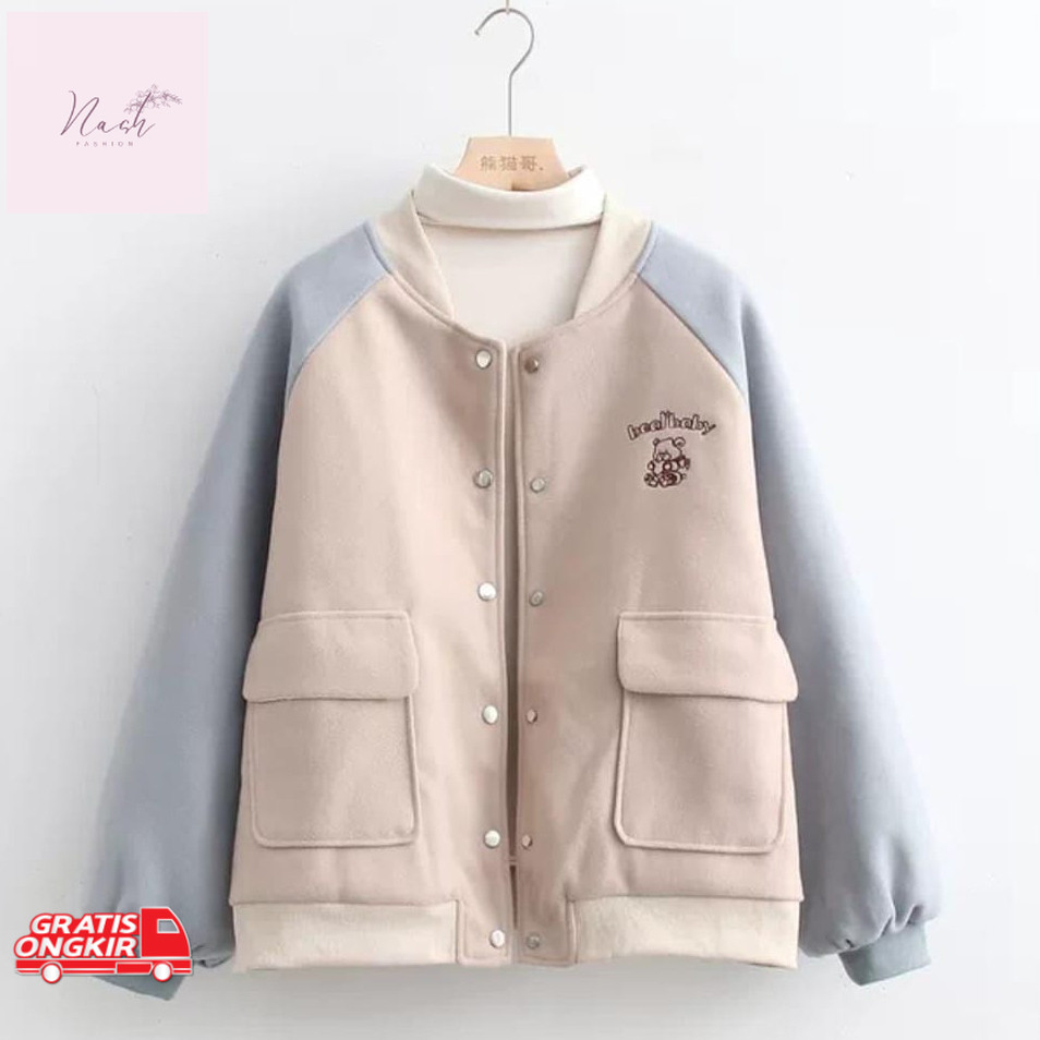 Jaket Korea / Vallina - Two Tone Bear Baseball Pocket Outerwear Jacket Varsity Remaja Wanita Korean 