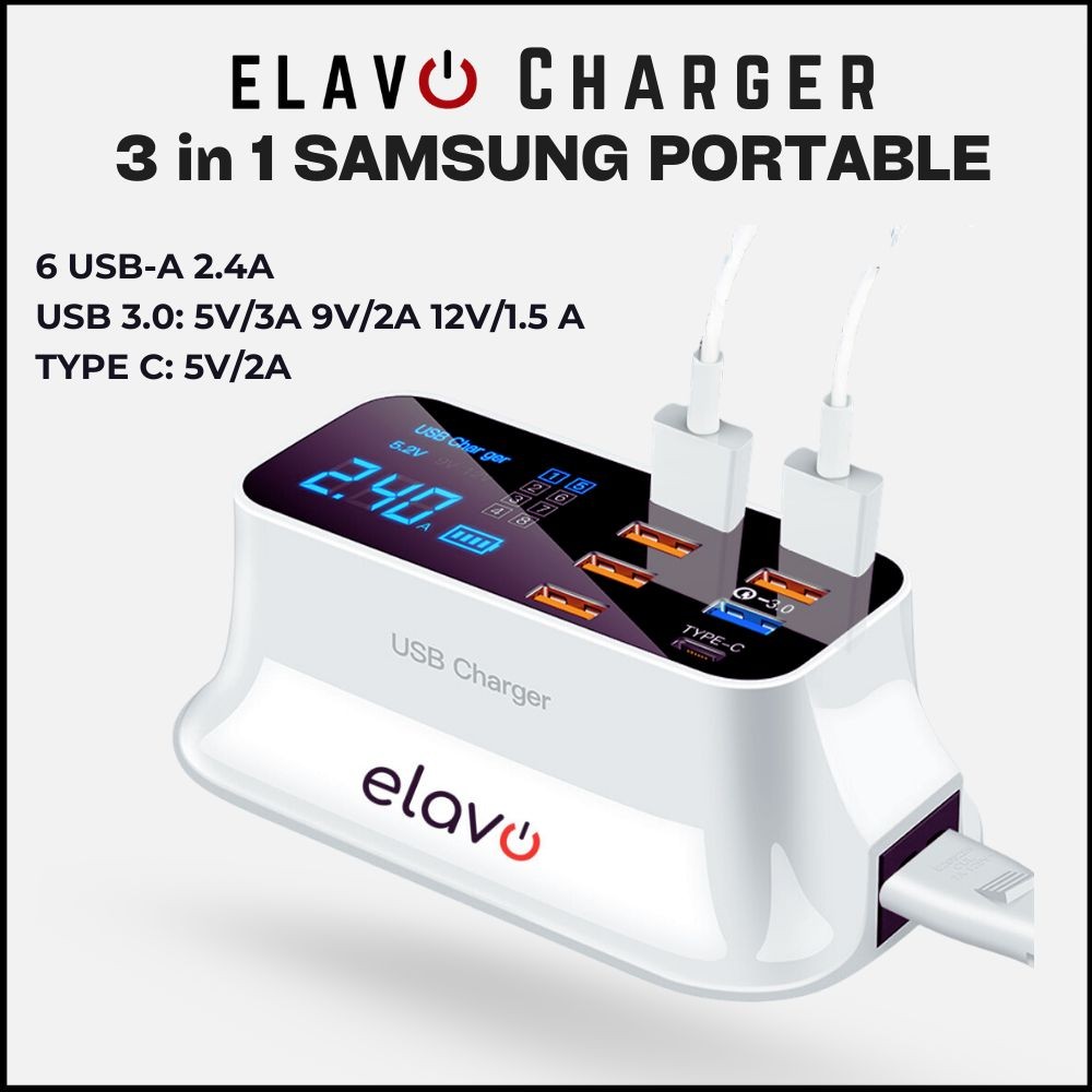 ELAVO 8 IN 1 FAST Charging LED Digital Display USB Type C QC 3.0 Port Smart Charger Station Simple T