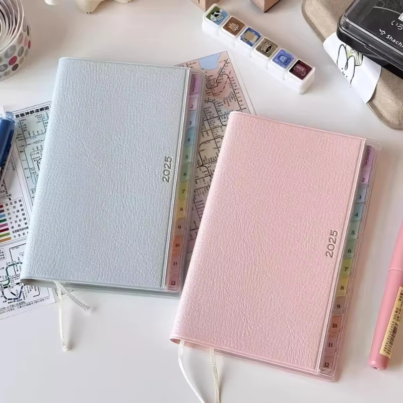 

2025 Portable Planner Memo Leather Schedule Notebook Colorful Index Diary Notebook Monthly Weekly Plan Notes for Students
