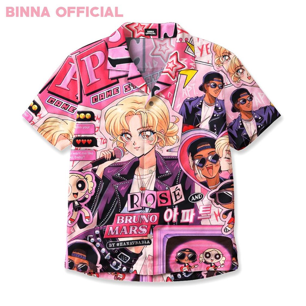 BINNA Kemeja Kartun Rose Bruno Mars – Baju Fullprint Anime Pop Art Lucu Warna Ceria Pink