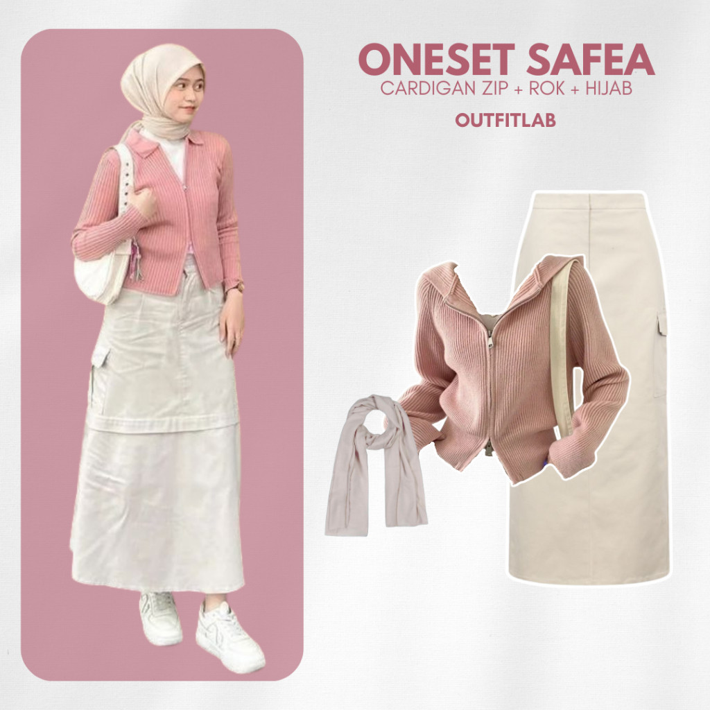 Outfit Set Safea Setelan Bukber ( Cardigan + Rok Cargo + Hijab ) One Set OOTD Hijab Remaja Kekinian